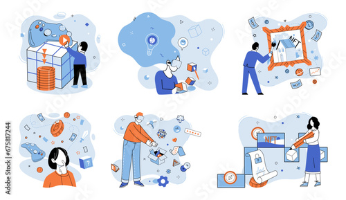Virtual world vector illustration. Online communication platforms connect individuals within virtual world, fostering collaboration The metaverse represents fully immersive digital environment
