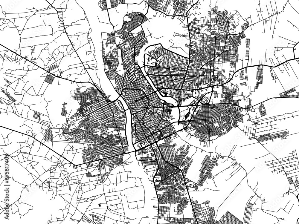 Vector road map of the city of Teresina in Brazil with black roads on a white background.