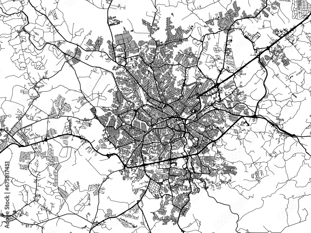 Fototapeta premium Vector road map of the city of Sorocaba in Brazil with black roads on a white background.