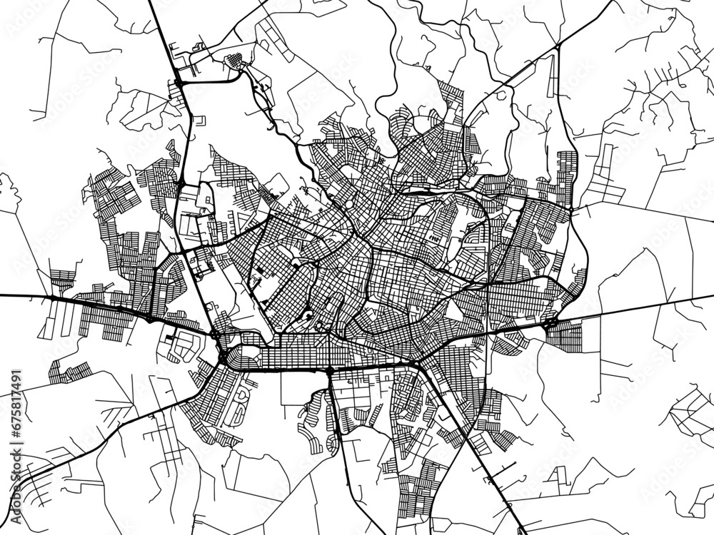 Vector road map of the city of Uberaba in Brazil with black roads on a white background.