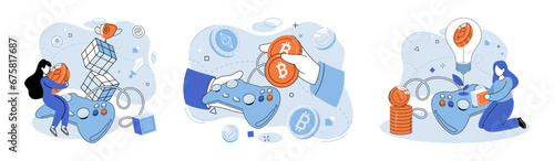 Play to earn vector illustration. The play to earn revolution is reshaping gaming landscape, as players increasingly view gaming as viable source income Playing games can be fun and rewarding