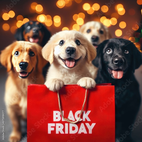 Pug puppy hugs kitten and holds shopping bag with black friday text. isolated on white background