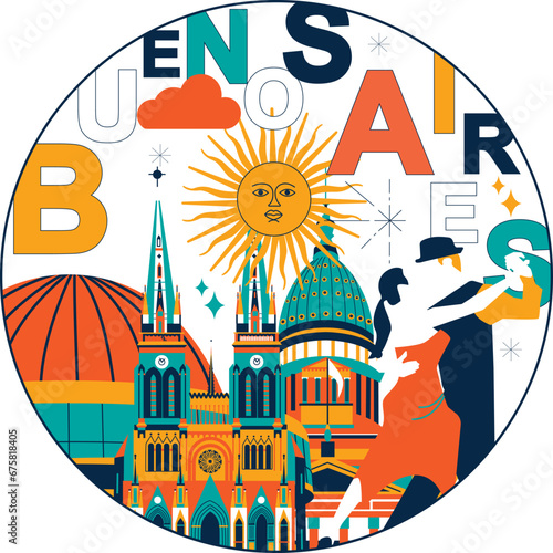Buenos Aires culture travel night set, famous architectures specialties in flat design. Business Argentinian tourism concept clipart. Image presentation, banner, website, advert, flyer, roadmap, icon