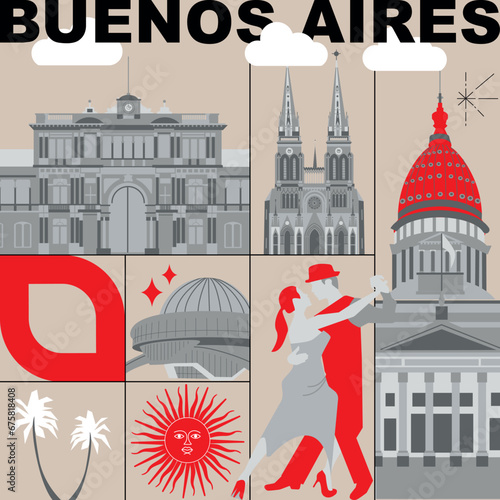 Buenos Aires culture travel night set, famous architectures specialties in flat design. Business Argentinian tourism concept clipart. Image presentation, banner, website, advert, flyer, roadmap, icon