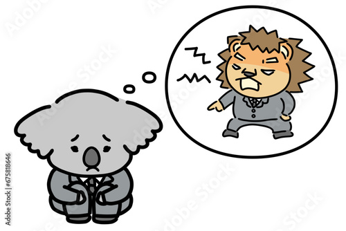 怒る上司と落ち込む部下　動物のキャラクター