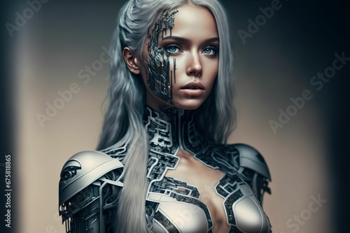 AI-generated illustration of the humanoid cyber girl with long gray hair