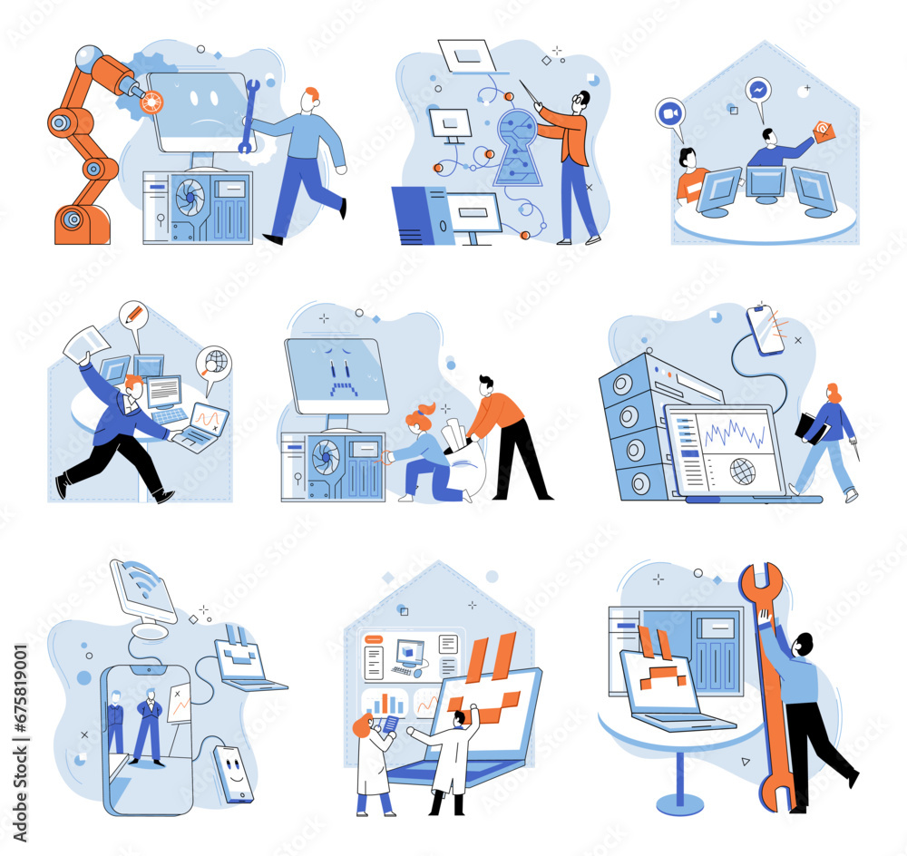 Technical support. Vector illustration. A technical assistant is ...