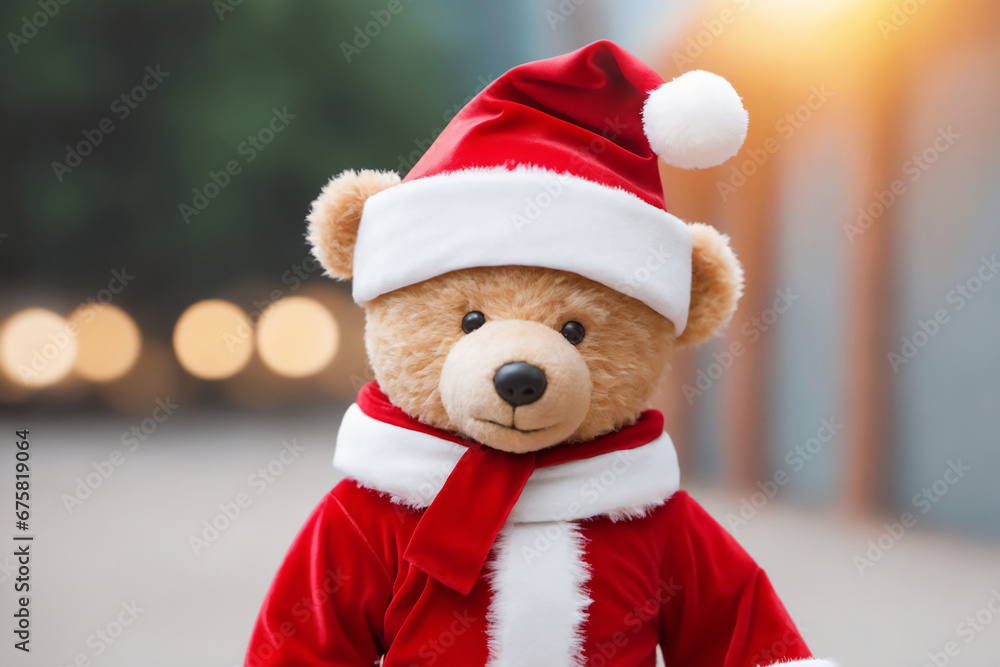 Teddy bear stuffed animal wearing santa outft with christmas bokeh background Teddy bear stuffed animal wearing santa outft with christmas bokeh background