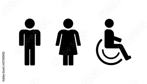 Toilet gender icons. Silhouette, black, man, woman, disabled icons for toilet. Vector icons