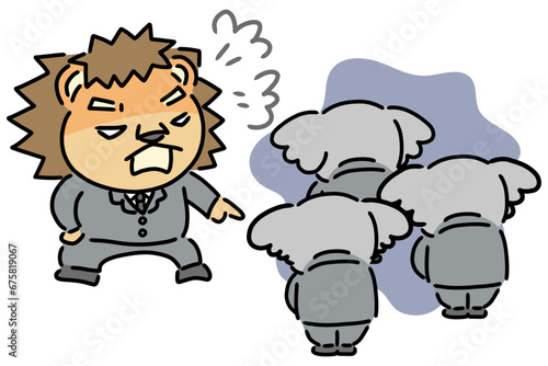 怒る上司と落ち込む複数の部下　動物のキャラクター