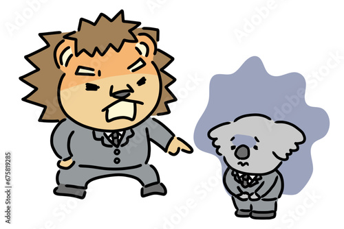 怒る上司と落ち込む部下　動物のキャラクター