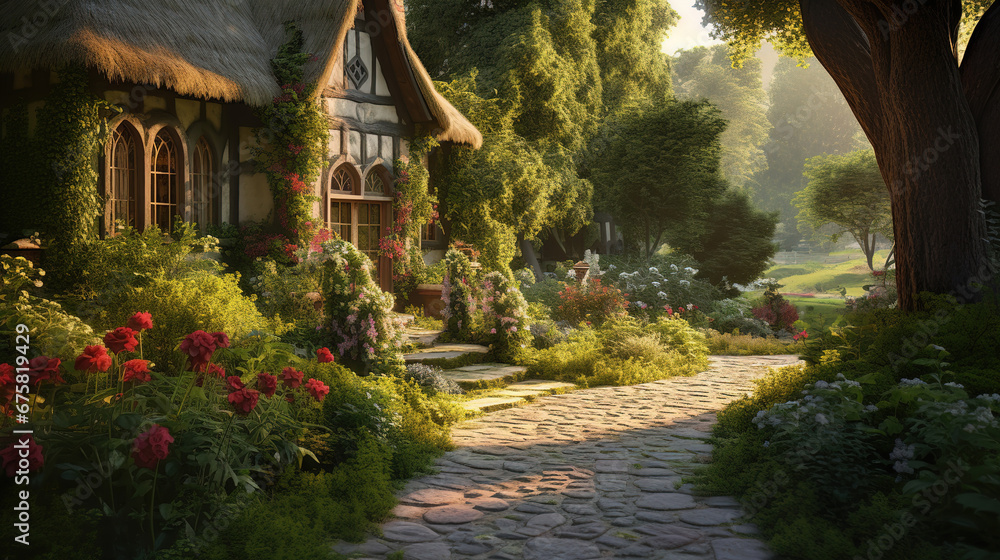 Enchanting Homestead in the Quaint Village with a Lush Garden Bursting with Vibrant Plants and Towering Trees Under the Sun's Warm Embrace