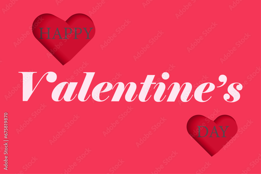 Valentine's Day background, greeting lettering and red hearts on a pink background. Vector illustration.