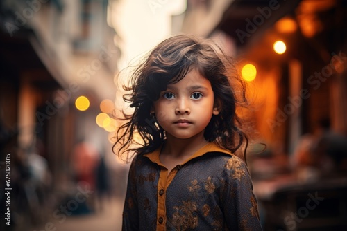 Portrait of a cute little girl with curly hair on the street