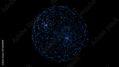 Abstract blue sphere on black background. Wireframe circle structure with glowing particles. Futuristic digital illustration. Vector illustration.