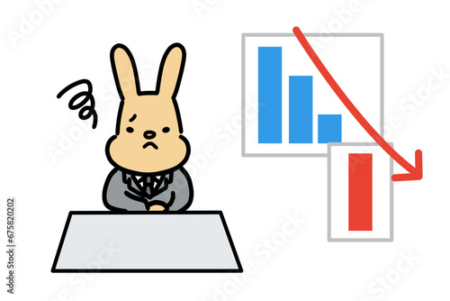 業績不振に頭を抱えるスーツ姿のうさぎのキャラクター