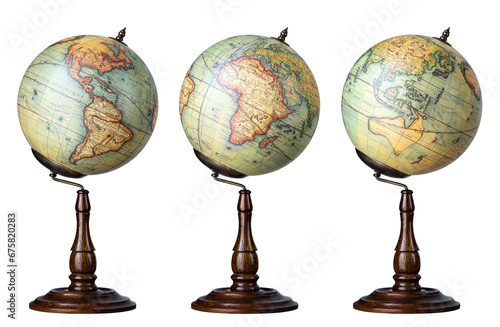 Old world Globe isolated on white background. Three hemispheres of the globe in antique style. South and North America and Africa, Asia, Europe, Australia. photo