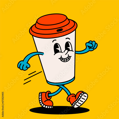 Retro style Funny cartoon coffee cup. Groovy vintage 70s coffee paper cup character walking.