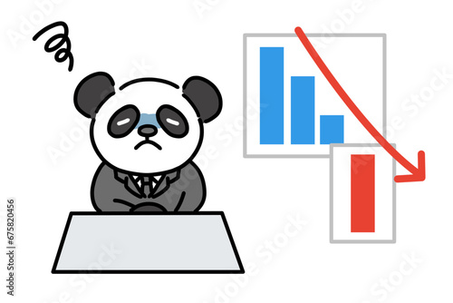 業績不振に頭を抱えるスーツ姿のパンダのキャラクター
