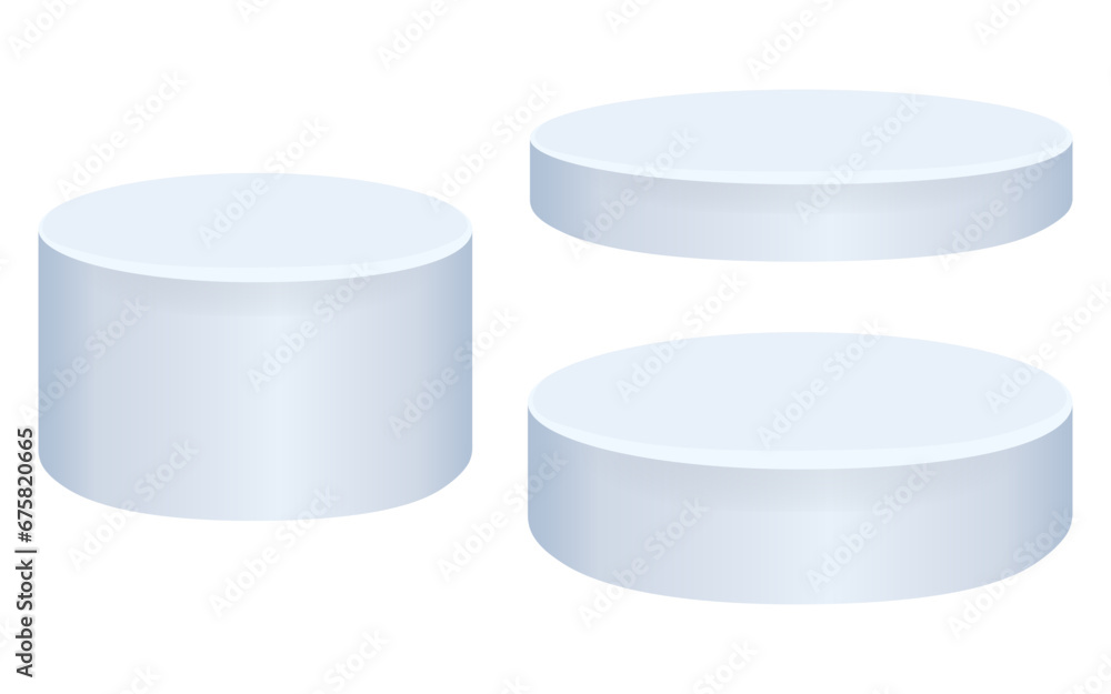 Set of blue ice podiums on transparent and white background. Podium cylinder for product presentation. Round stage with space for goods. Winter vector cartoon illustration. Empty 3D pedestal. Set of blue ice podiums on transparent and white background. Podium cylinder for product presentation. Round stage with space for goods. Winter vector cartoon illustration. Empty 3D pedestal.