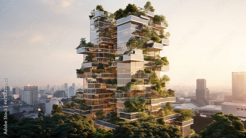 Sustainable Green Building With Cutting-Edge Eco Features And Invigorating Modern Design For A Lively And Environmentally Friendly Tomorrow - obrazy, fototapety, plakaty 