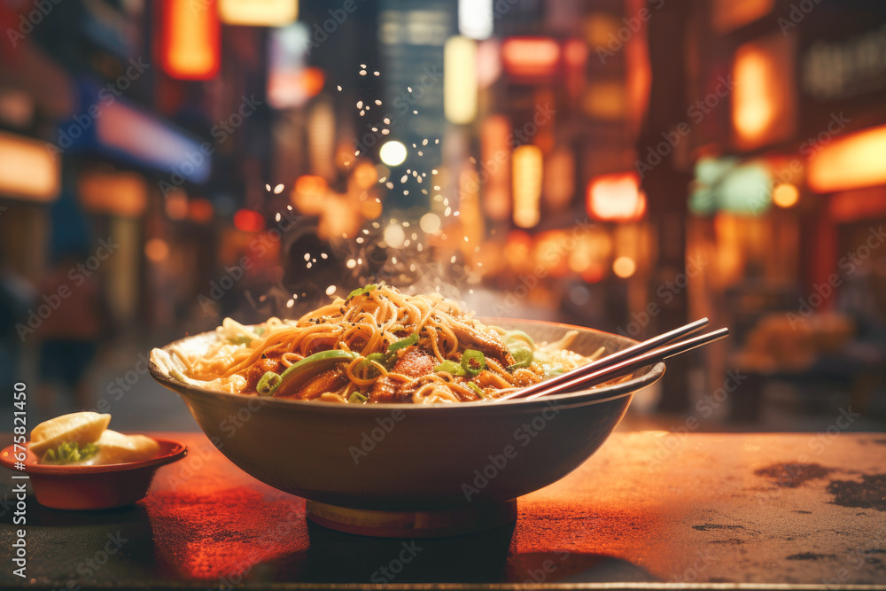 A steaming bowl of Japanese ramen, featuring rich soup, tender meat, and perfectly cooked noodles, making it a delectable and satisfying meal. - obrazy, fototapety, plakaty 