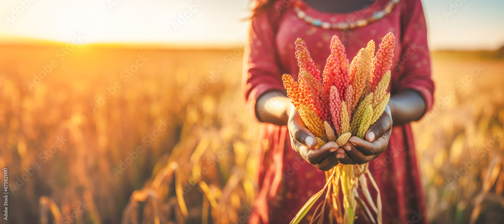 Close-up of a woman's hand gently caressing wild ears in a picturesque cereal field, celebrating the harmony between nature and feminine grace.