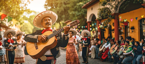 A cheerful Mexican mariachi singer, dressed in traditional clothing and a stylish hat, performs with joy and passion during a lively festival photo