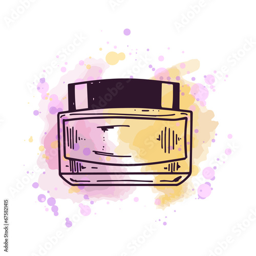 Hand-drawn glass jar with cream, beauty cosmetic element, self care. Illustration on a watercolor pastel background with splashes of paint. Useful for beauty salon, cosmetic store. Doodle sketch.