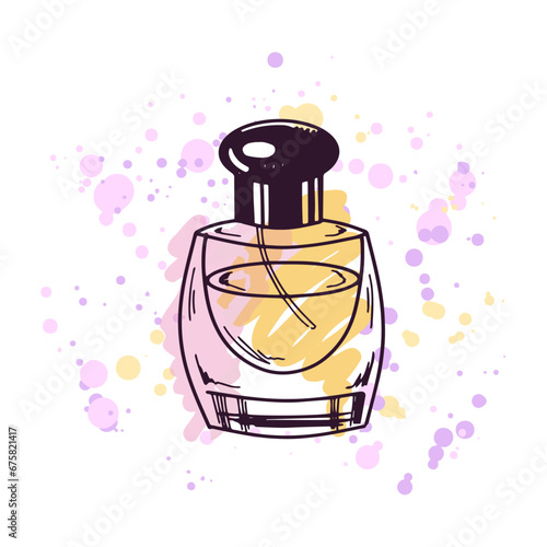 Hand-drawn perfume bottle, beauty cosmetic element, self care. Illustration on a watercolor pastel background with splashes of paint. Useful for beauty salon, cosmetic store. Doodle sketch.