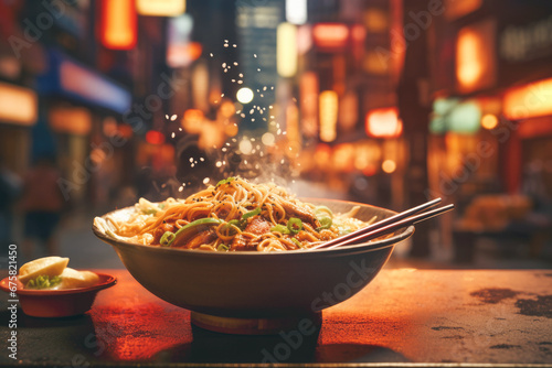 A steaming bowl of Japanese ramen, featuring rich soup, tender meat, and perfectly cooked noodles, making it a delectable and satisfying meal.