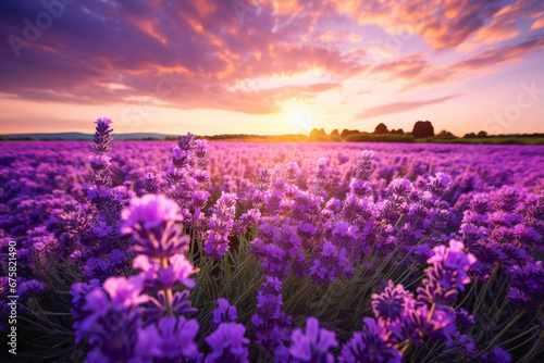 A delightful summer scene in countryside, where lavender fields burst into colorful magenta and purple blossoms, filling the air with their fragrant aroma.