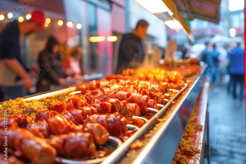 A display of typical fast-food options in Germany, including the tempting currywurst, is a popular choice for a quick lunch in the city. photo