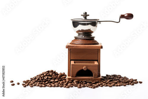 An antique wooden coffee grinder, a rustic and retro kitchen tool, ready to mill dark espresso beans for a gourmet morning brew.