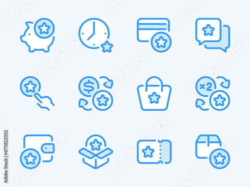 Bonus and Loyalty program vector line icons. Special points and Reward star outline icon set. Membership system, Benefit, Collect coins, Gift bonus offer and more.