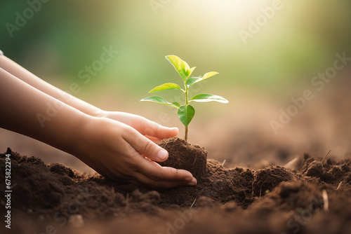 Human hands put a tree into the soil for World Environment Day concept