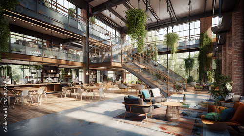 Stylish Indoor Co-Working Space with Trendy Modern Furniture, Comfortable Chairs, Chic Tables, and Lush Greenery from Fresh Plants Creating a Welcoming and Productive Atmosphere © Magenta Dream