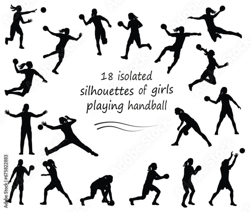 18 of black silhouettes of women's handball players and goalkeepers in jumping, running, catching the ball, standing