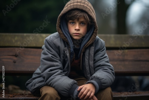 Portrait of a sad boy sitting on a bench in the rain