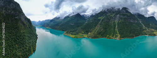 Aerial view above the mountains, fjords and lakes of Norway during summer  photo