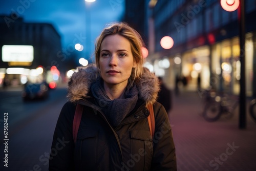 Portrait of a young woman in a city street at night.