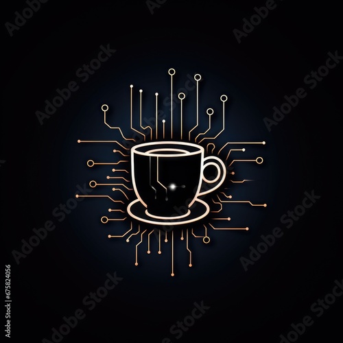 A cup of coffee stylized as a microcircuit, logo in minimalist style on a dark background