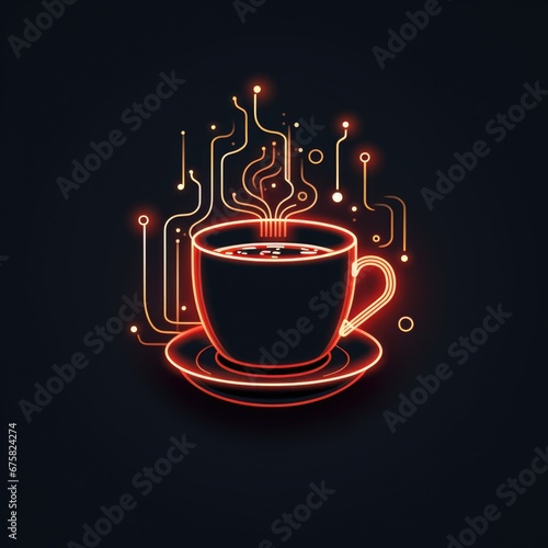 A cup of coffee stylized as a microcircuit, logo in minimalist style on a dark background