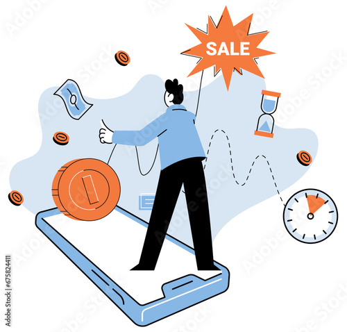 Promotion discount sale. Vector illustration. Flash sale online, sprint in marathon of e-commerce Sales index, seismograph detecting market shifts Forecast of future sales, oracle revealing business