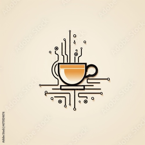 a cup of coffee stylized as a microcircuit, in minimalist style on a light background