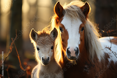 A snapshot of a horse and its foal nuzzling each other in a heartwarming display of maternal care and affection. 