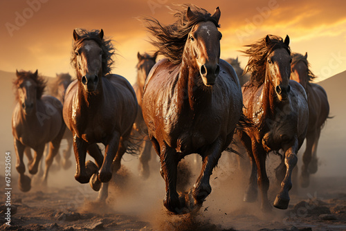 A photograph of a herd of wild horses running across a vast desert landscape, symbolizing the untamed spirit of nature. 