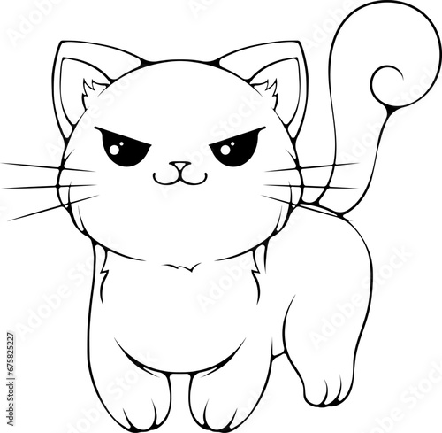 Cute kawaii cat. Kitten cartoon character. Emotion treacherous. Vector illustrations in hand drawn sketch style isolated on white. Black outline graphic. Coloring book page