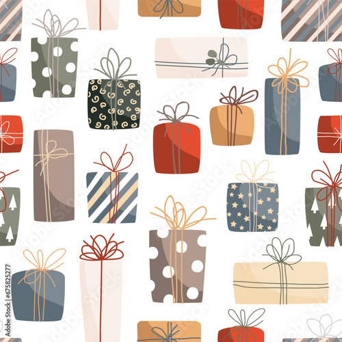 Christmas and Happy New Year seamless pattern with Christmas gift boxes in trendy vintage style. Vector design for winter sale background, wrapping paper, cards, textile