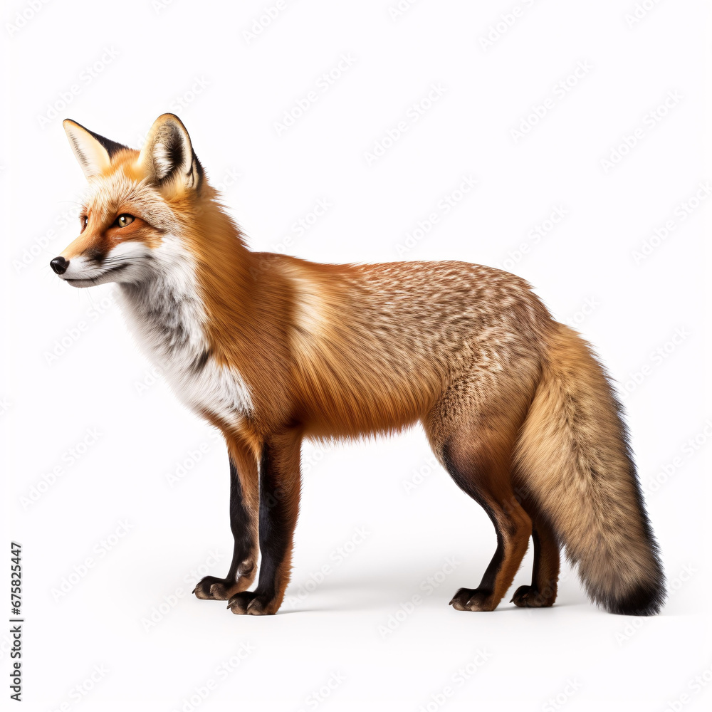 Side view of a Red fox looking up, two years old, isolated on white